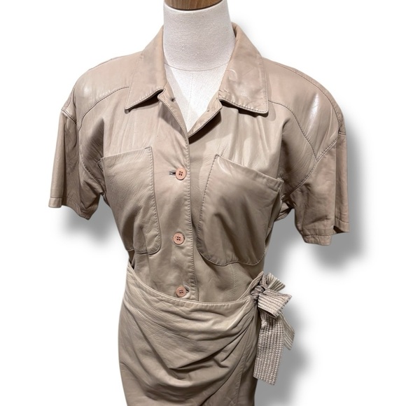 LaMatta Italian Gloveleather Buttery Soft Latte Brown Tan Wrap Shirt Dress - Picture 5 of 12